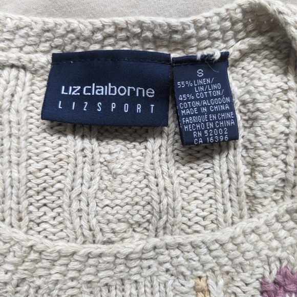 Liz Claiborne small knit sleeveless beige linen cotton sweater neutral floral - Picture 3 of 4